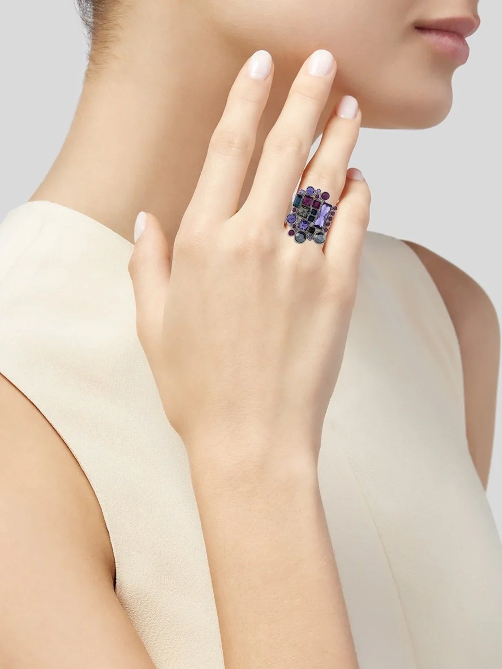 AUTH Christian Dior Orient Dream Purple Crystal Abstract Cocktail Statement Ring